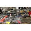 Image 4 : SHELF OF ASSORTED FISHING GEAR INCLUDING; TACKLE BOX WITH CONTENTS, (2) FISHING RODS, NET & TACKLE