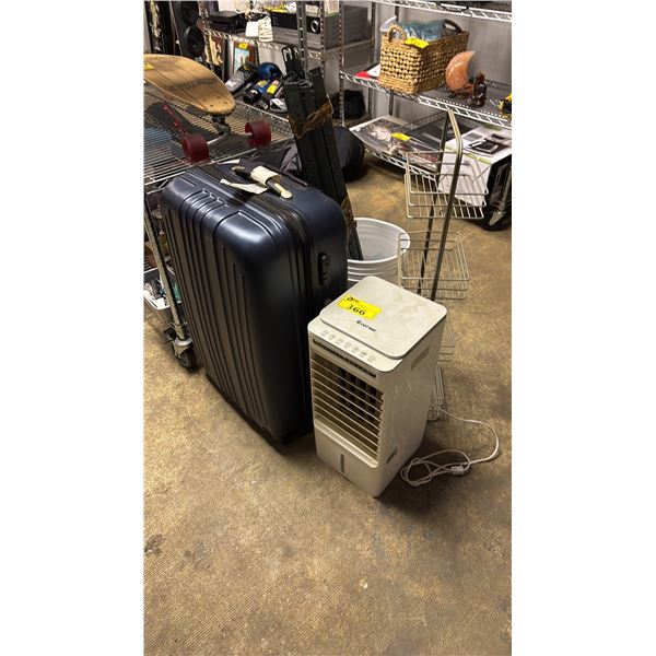 ASSORTED ITEMS INCLUDING; LUGGAGE WITH CONTENTS, COSTWAY AIR PURIFIER, RACK & RACKING PARTS