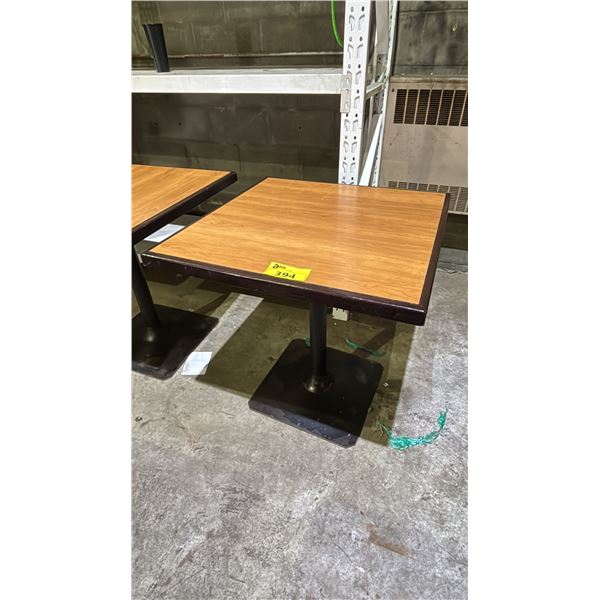RECTANGULAR WOODEN TABLE WITH METAL BASE- APPROX. 28" X 28"