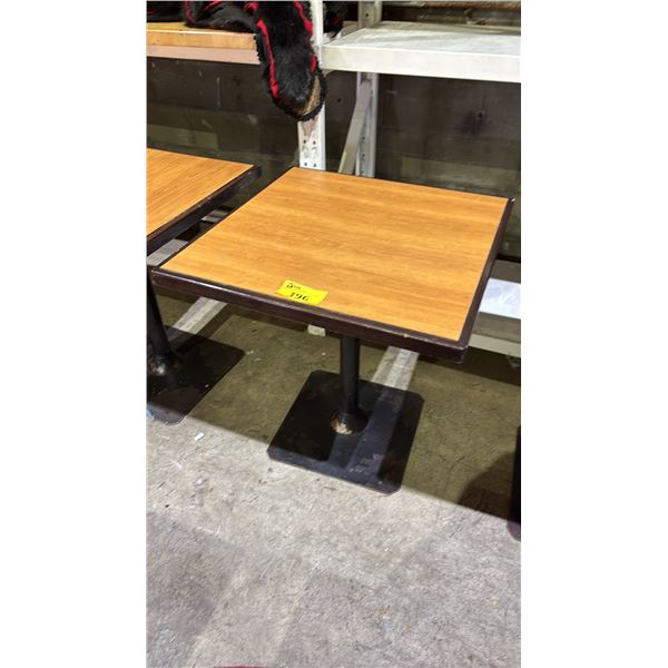 RECTANGULAR WOODEN TABLE WITH METAL BASE- APPROX. 28" X 28"
