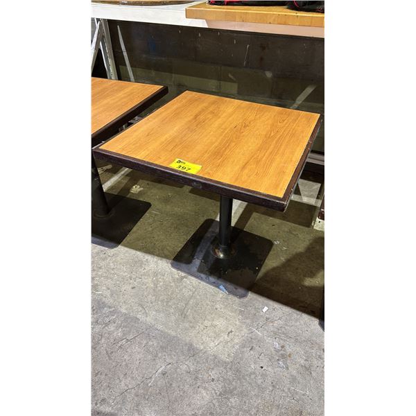 RECTANGULAR WOODEN TABLE WITH METAL BASE- APPROX. 28" X 28"