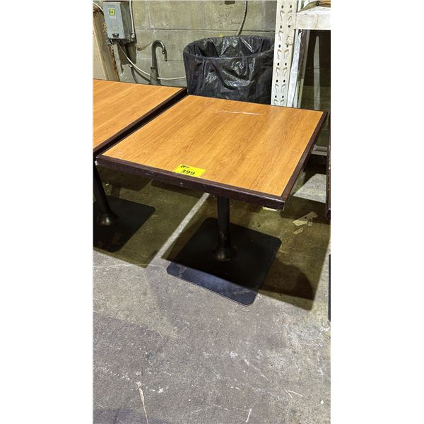 RECTANGULAR WOODEN TABLE WITH METAL BASE- APPROX. 28" X 28"