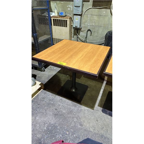 RECTANGULAR WOODEN TABLE WITH METAL BASE- APPROX. 34" X 34"