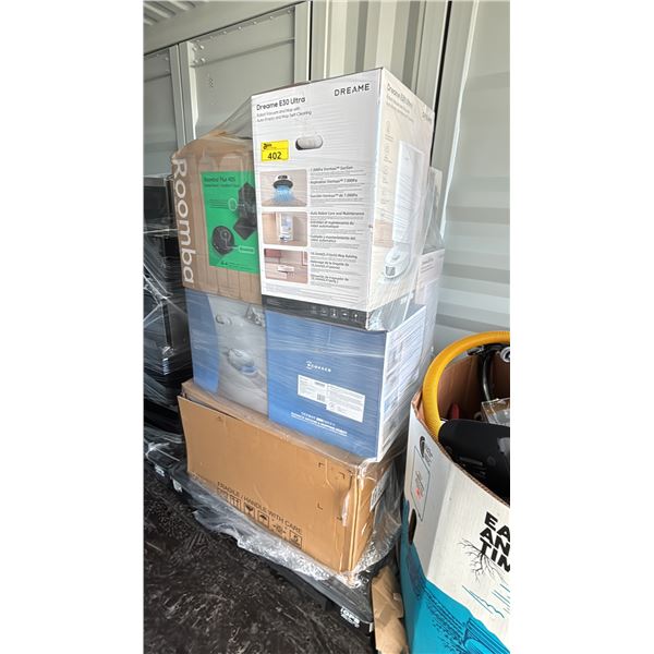 PALLET OF ASSORTED ITEMS INCLUDING ROBOT VACUUMS, AIR FRYER, RANGEHOOD FAN AND MORE