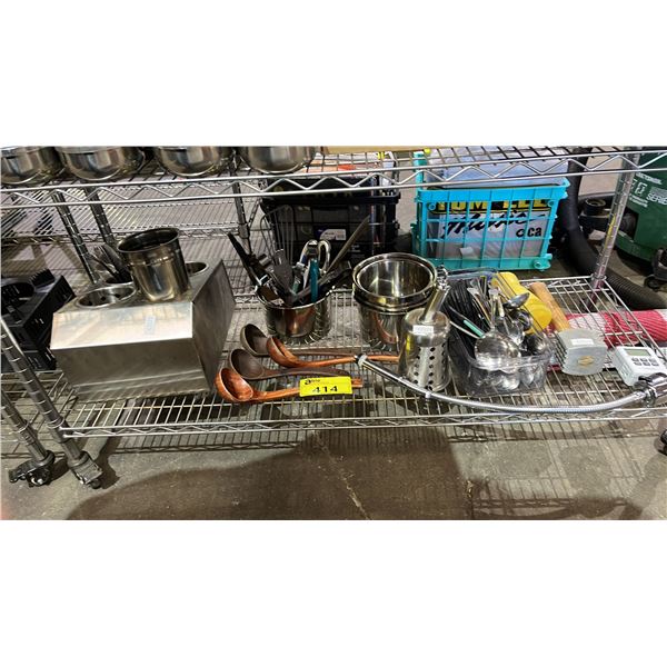FLATWARE CADDY, STAINLESS STEEL CONTAINERS, ASSORTED FLATWARE, LADLES & MORE