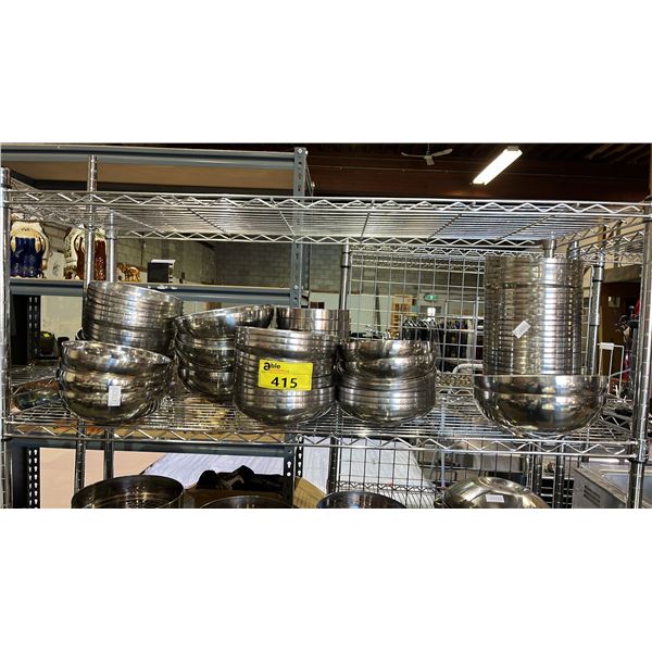 SHELF OF ASSORTED STAINLESS STEEL BOWLS