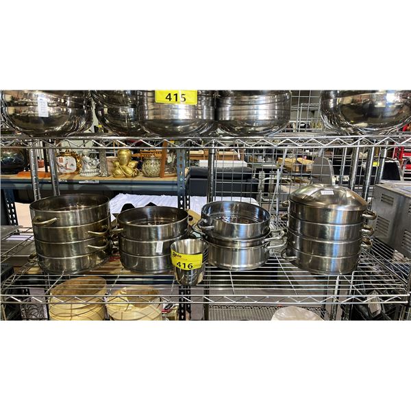 SHELF OF STAINLESS STEEL STEAMERS & SMALL BOWLS
