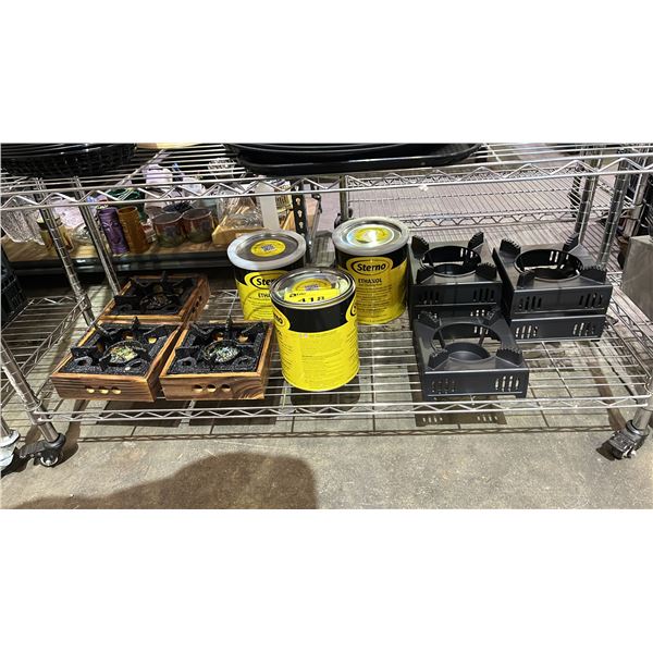 SHELF OF HOT POT STOVES, STERNO & OUTDOOR BURNERS