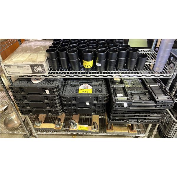 SHELF OF ASSORTED COLLAPSIBLE PLASTIC TRAYS & CRATES