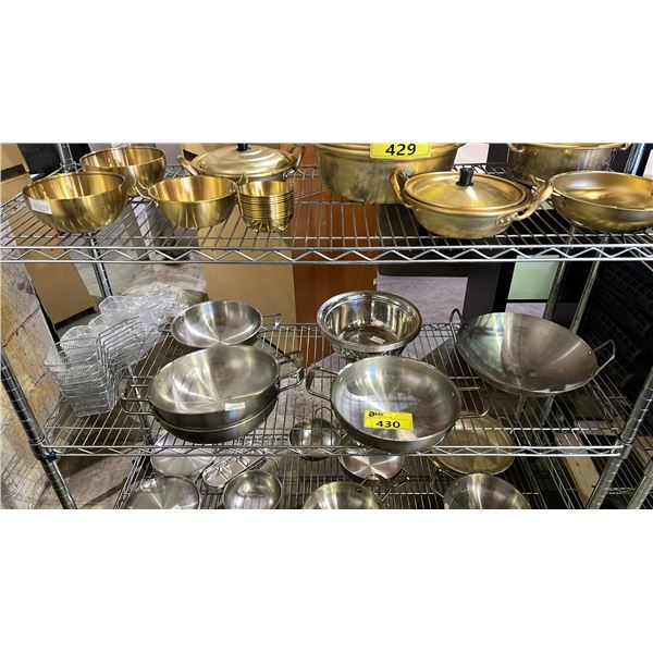 SHELF OF ASSORTED STAINLESS STEEL COOKWARE & MINIATURE FRY BASKETS