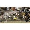 Image 1 : SHELF OF ASSORTED STAINLESS STEEL COOKWARE, PLATES AND CONDIMENT/SAUCE TRAYS