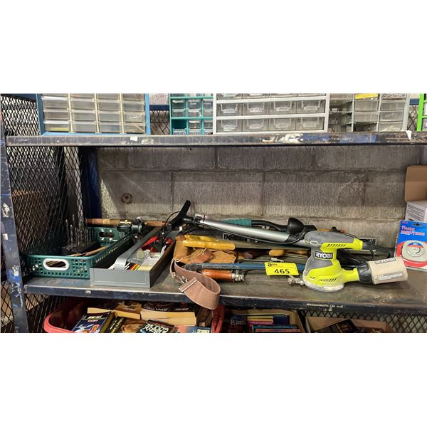 LOT OF ASSORTED ITEMS INCLUDING TOOLS, MANUAL AIR PUMP, RYOBI SANDER AND MORE