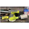 Image 4 : LOT OF ASSORTED ITEMS INCLUDING TOOLS, MANUAL AIR PUMP, RYOBI SANDER AND MORE