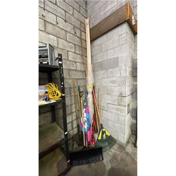 ASSORTED SHOVELS, MOPS AND RAKE
