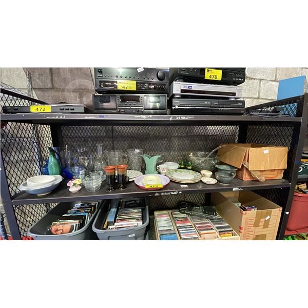 SHELF OF VINTAGE GLASSWARE, DISHES AND HOME DECOR ITEMS