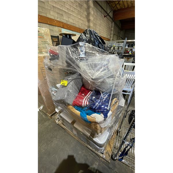 PALLET OF ASSORTED CLOTHING, LAUNDRY BASKETS, PILLOWS & MORE *MUST TAKE ALL ON PALLET*