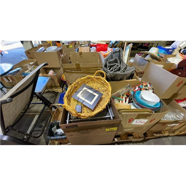 PALLET OF ASSORTED HOUSEHOLD ITEMS: COOKWARE, DISHWARE, BASKETS & MORE - *MUST TAKE ALL ON PALLET*