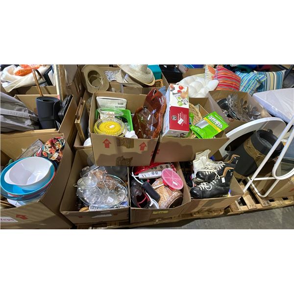PALLET OF ASSORTED HOUSEHOLD GOODS: DISHWARE, CLOCK, ICE SKATES & MORE - *MUST TAKE ALL ON PALLET*