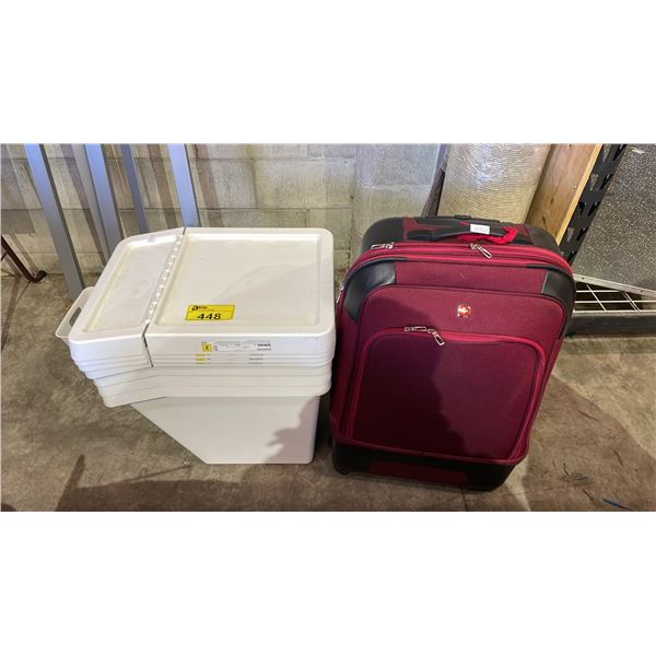 SWISS GEAR ROLLING LUGGAGE & STACK OF IKEA SORTERA FOOD SAFE BINS