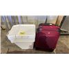Image 1 : SWISS GEAR ROLLING LUGGAGE & STACK OF IKEA SORTERA FOOD SAFE BINS