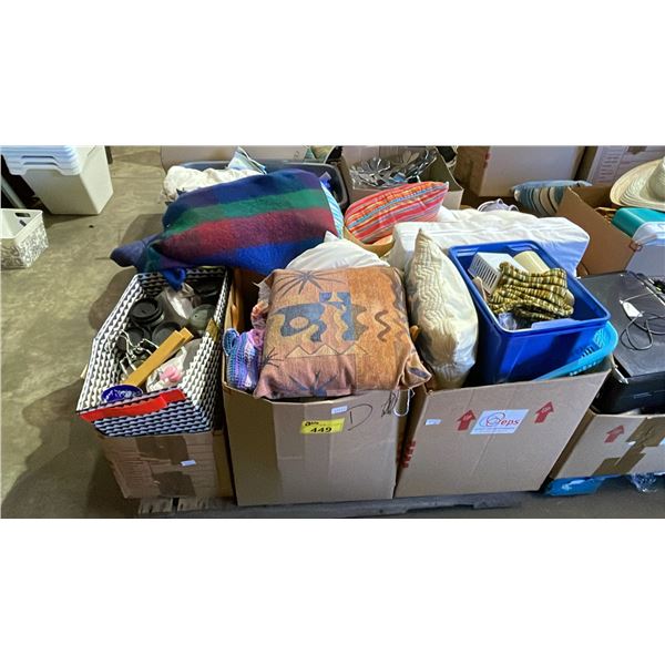 PALLET OF HOUSEHOLD GOODS: BLANKETS, THROW CUSHIONS, TRAVEL MUGS & MORE - *MUST TAKE ALL ON PALLET*