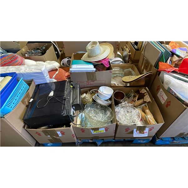 PALLET OF HOUSEHOLD GOODS: DISHWARE, HATS, PLASTIC BINS & MORE - *MUST TAKE ALL ON PALLET*