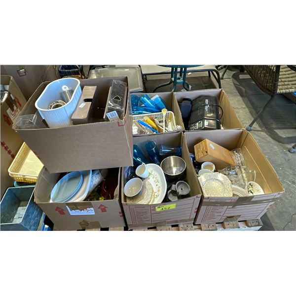 PALLET OF HOUSEHOLD ITEMS: CHINA, PLASTIC CUPS, KITCHEN UTENSILS & MORE - *MUST TAKE ALL ON PALLET*