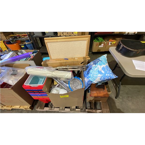 PALLET OF HOUSEHOLD ITEMS: PLASTIC BINS, MOTORIZED AWNING COVER, CORK BOARDS & MORE -