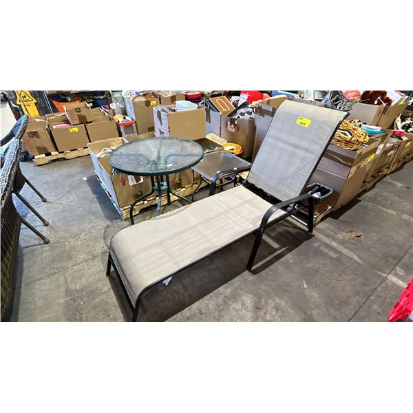 PATIO LOUNGER, 27" DIA. GLASS TOP PATIO TABLE & GLASS TOP SIDE TABLE