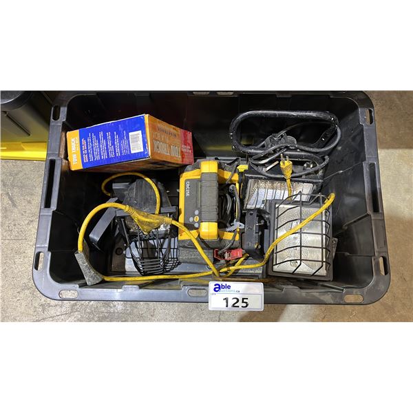 TOTE OF ASSORTED WORKLIGHTS, CAT  POWER STATION & AS SEEN ON TV TOW TRUCK IN A BOX