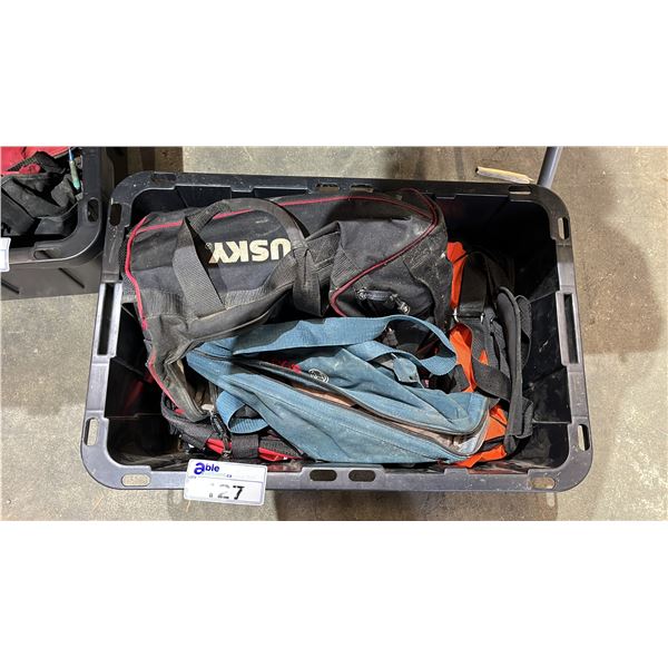 PLASTIC TOTE OF ASSORTED CANVAS TOOL BAGS
