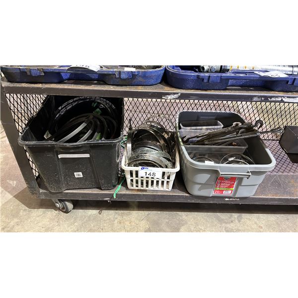 (3) TOTES OF TURNBUCKLES, ASSORTED PIPE CLAMPS & RUBBER V BELTS