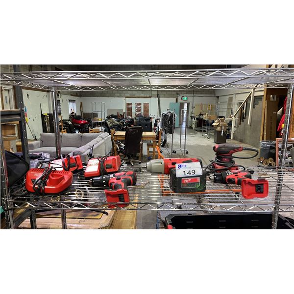 SHELF OF ASSORTED MILWAUKEE TOOLS: PALM SANDERS, CORDLESS DRILLS & CHARGERS - *ONLY 1 BATTERY*