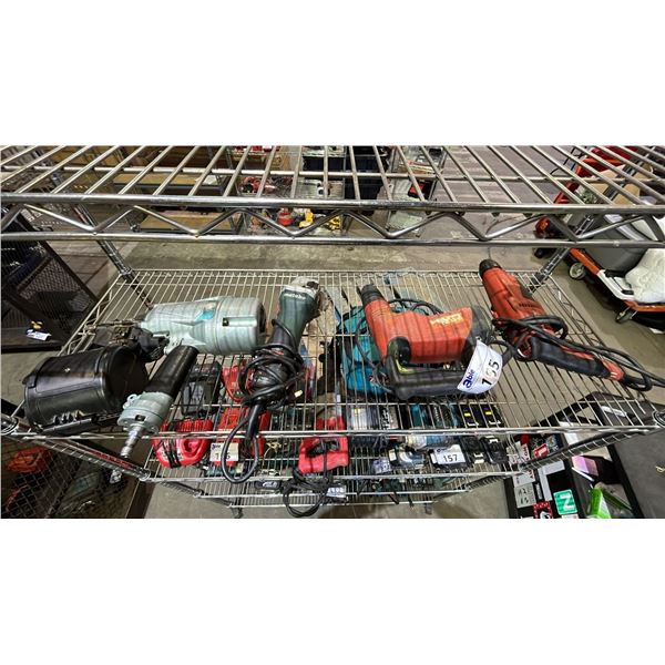 SHELF OF ASSORTED TOOLS: HILTI HAMMER DRILL, HITACHI COIL NAILER, METABO ANGLE GRINDER & MORE