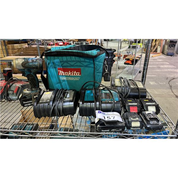 MAKITA DRILL, MAKITA SOFT CASE & ASSORTED BATTERIES & CHARGERS