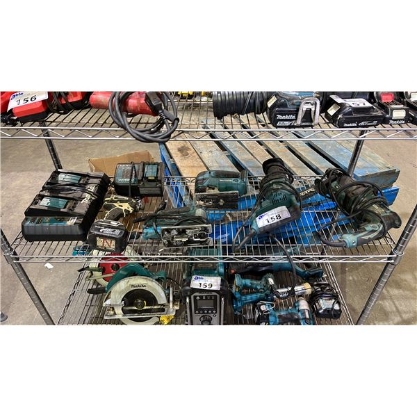 SHELF OF ASSORTED MAKITA TOOLS: HAMMER DRILL, JIG SAWS, BATTERY CHARGERS & MORE