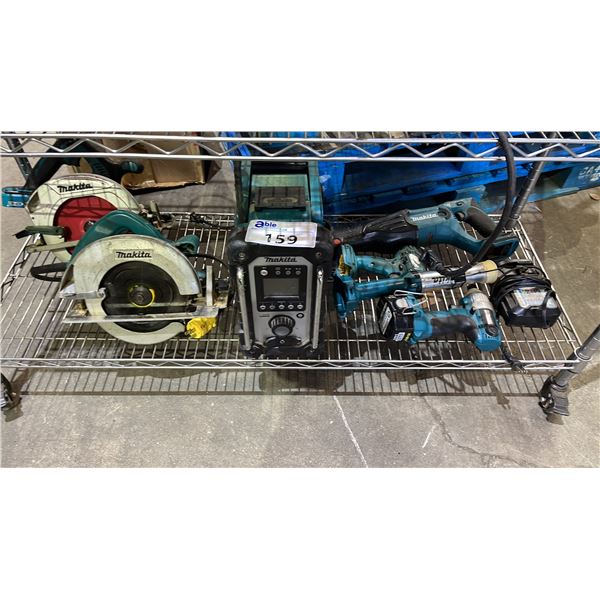 SHELF OF MAKITA TOOLS: CIRCULAR SAWS, JOBSITE RADIO, CORDLESS DRILLS & MORE