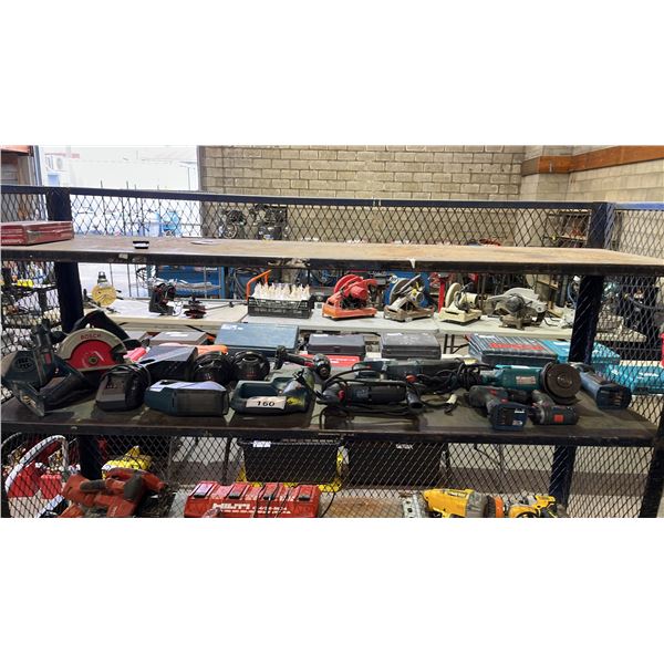 SHELF OF BOSCH TOOLS: HAMMER DRILL, GRINDER, GRINDER & BATTERY CHARGERS
