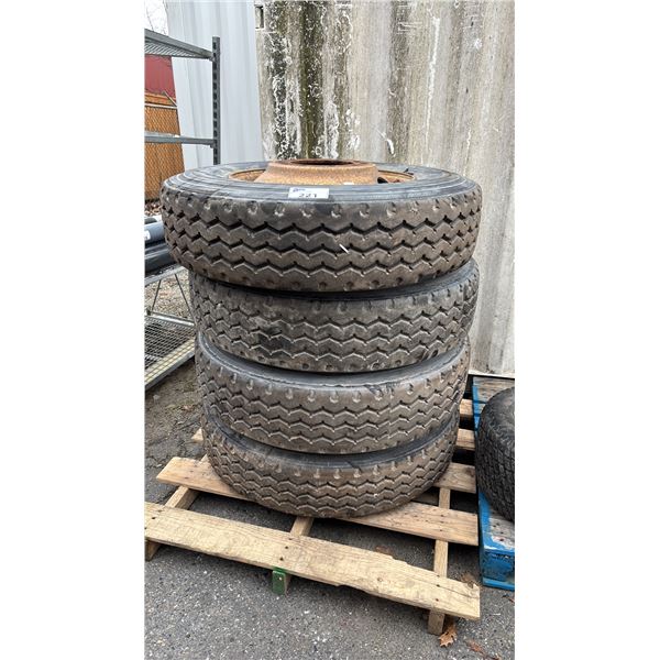 SET OF 4 MICHELIN XDS2 11R245 TIRES MOUNTED ON 10 BOLT METAL RIMS