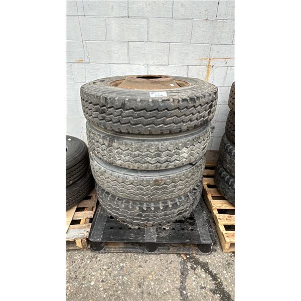 SET OF 4 GREATWAY DA801 11R24.5 TIRES MOUNTED ON 10 BOLT METAL RIMS