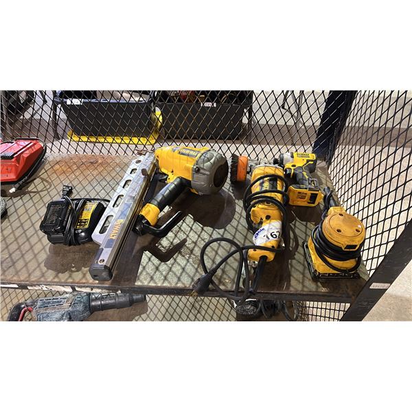 DEWALT PALM SANDER, FRAMING NAILER, ANGLE GRINDER, CORDLESS DRILL & BATTERY WITH CHARGER
