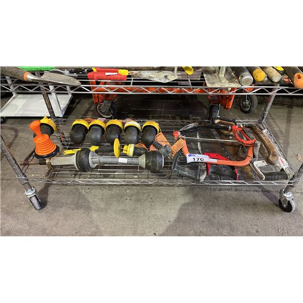 SHELF OF ASSORTED PLUMBING TOOLS & HAND SAWS