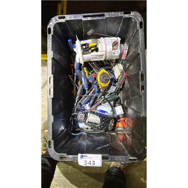 TOTE OF ASSORTED SCREWDRIVERS, FUEL PUMP ASSEMBLY, FOOT PUMP & MORE
