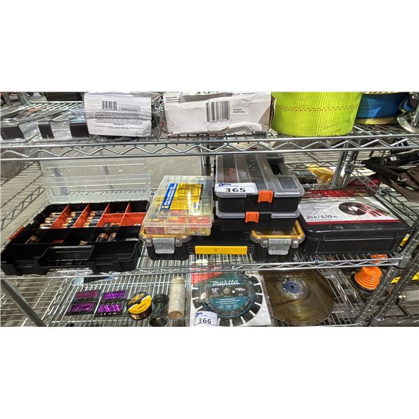 SHELF OF BOOSTER CABLE, EMPTY ORGANIZER BOXES, ORGANIZER BOX OF ASSORTED BATTERIES & TERMINAL KIT