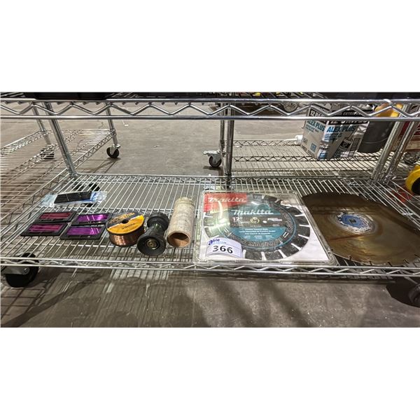 WELDING HELMET LENS FILTERS, 12" MAKITA CIRCULAR BLADE, HOSE NOZZLE, STEEL WELDING WIRE & MORE