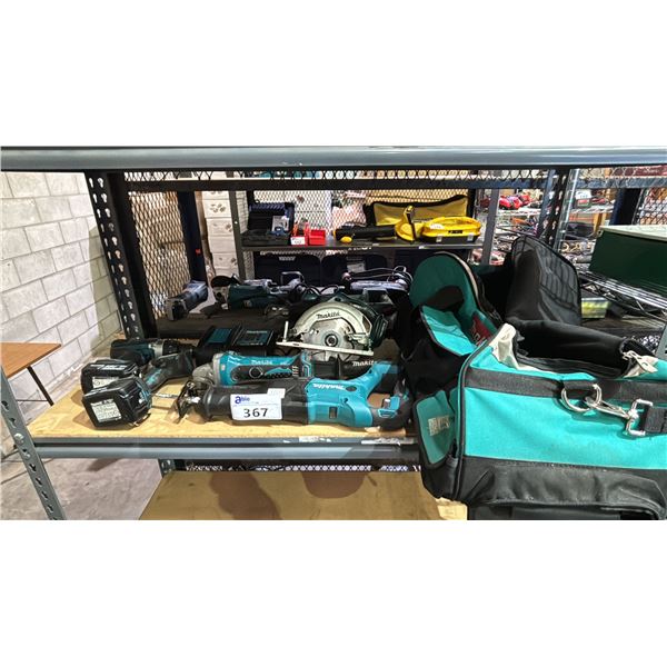 MAKITA SOFT TOOL BAG & ASSORTED TOOLS: CORDLESS DRILLS, CHARGER, CIRCULAR SAW, ANGLE GRINDER &  MORE