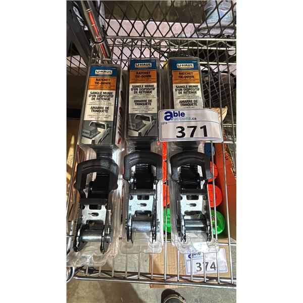 *NEW* (3) U-HAUL 16' RATCHET TIE-DOWNS: 1300LB BREAK STRENGTH/600 LB WORKING LOAD LIMIT