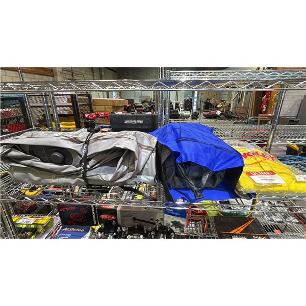 INFLATABLE MATTRESS, ZIPPERED COVER & 2XL YELLOW RAIN SUIT
