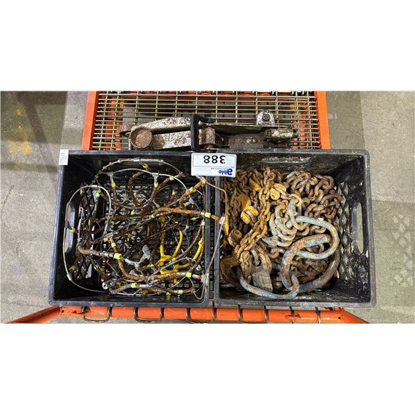 CRATE OF TIRE CABLES, CRATE OF HEAVY DUTY CHAIN & JACK WITH NO HANDLE