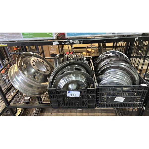 TRUCK WHEEL RIM & (2) CRATES OF ASSORTED HUBCAPS
